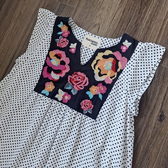 💙 Savanna Jane Polkadot Embroidered Cap Sleeve Dress Size M/L Boho Casual - Picture 3 of 8